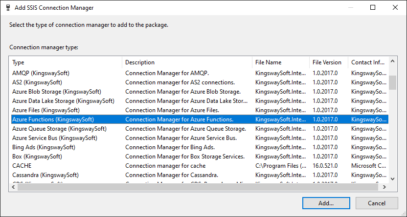 Add SSIS Azure Functions Connection Manager